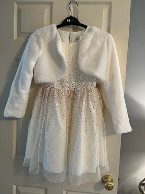 Rare Editions White & Gold Sparkle Tulle Party Dress with Faux Fur Bolero